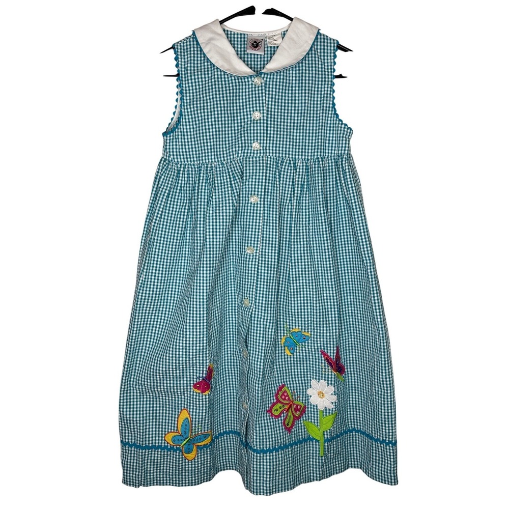 Good Lad VTG Linen Girls Blue Gingham Butterfly Flower Embroidered Dress 12 boho